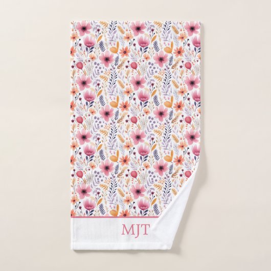 Monogram Boho Wildblumen Rosa Lila orange Beige Badhandtuch Set (Handtuch)