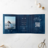 Monogram & Border Elegant Navy Blue Wedding Dreifach Gefaltete Einladung (Innenseite)