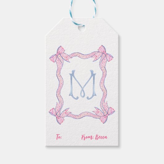 Monogram Bow Pink Blue Gift Tag, Personalisiert Geschenkanhänger (Vorderseite)