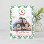 Monogram Bow Wreath Christmas Card Einladung (Stehend Vorderseite)