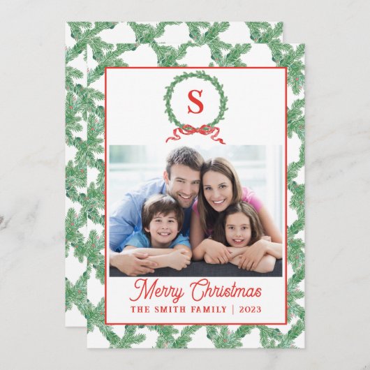 Monogram Bow Wreath Christmas Card Einladung (Vorne/Hinten)