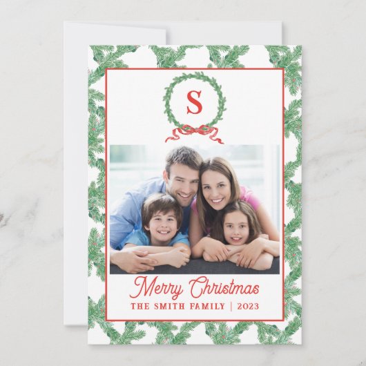 Monogram Bow Wreath Weihnachtskarte Einladung (Vorderseite)