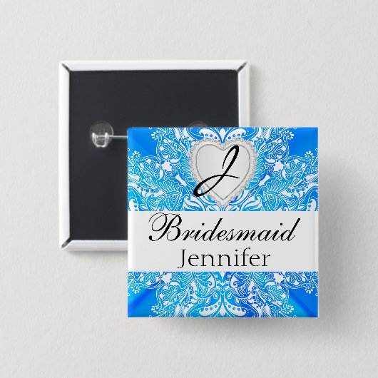 Monogram Brautparty Blue Satin Design Button (Vorne & Hinten)