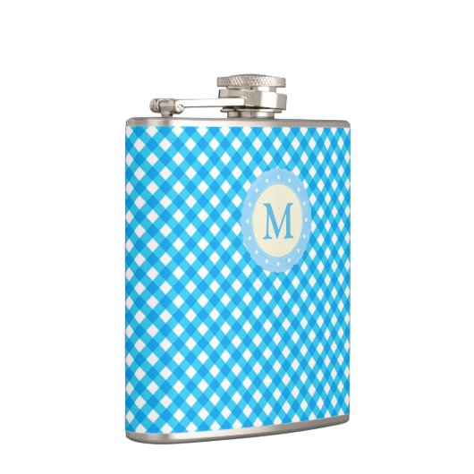 Monogram Bright Blue Gingham Pattern Flachmann (Rechts)