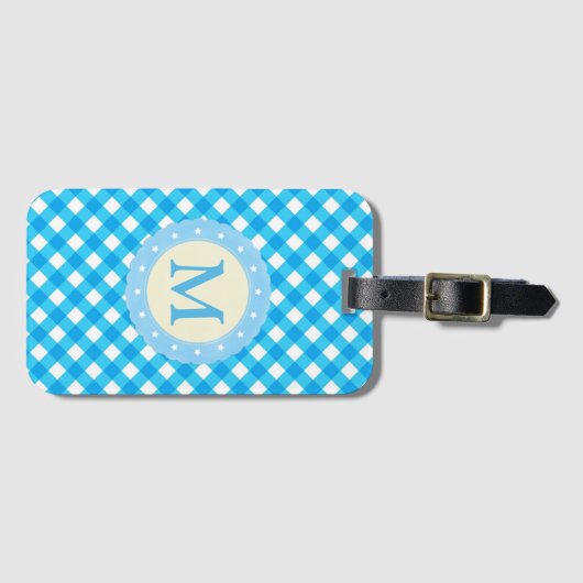 Monogram Bright Blue Gingham Pattern Gepäckanhänger (Vorderseite (Horizontal))