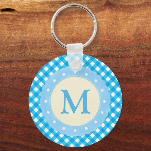 Monogram Bright Blue Gingham Pattern Schlüsselanhänger (Rückseite)