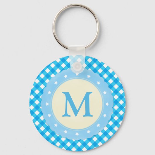 Monogram Bright Blue Gingham Pattern Schlüsselanhänger (Rückseite)