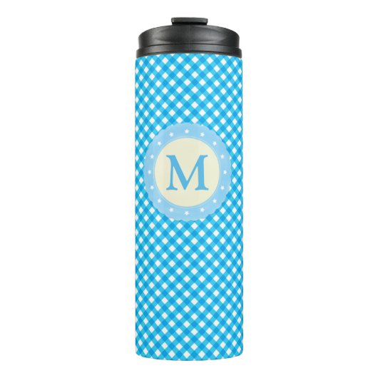 Monogram Bright Blue Gingham Pattern Thermosbecher (Vorderseite)