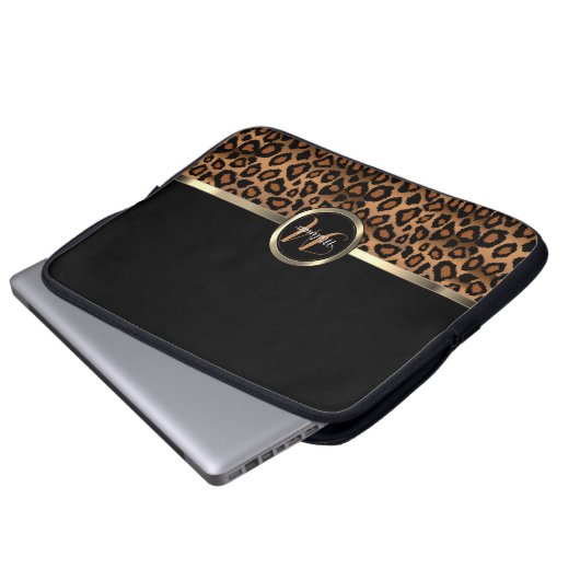 Monogram Brown and Black Leopard with Gold Accents Laptopschutzhülle (Vorne Knopf)