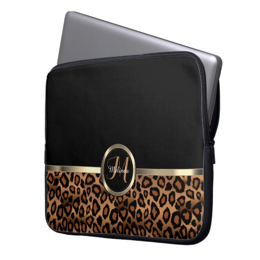 Monogram Brown and Black Leopard with Gold Accents Laptopschutzhülle (Vorderseite Links)