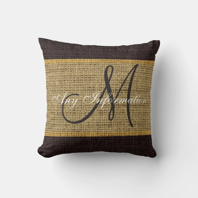 Monogram Brown Rustic Burlap Jute Kissen (Vorderseite)