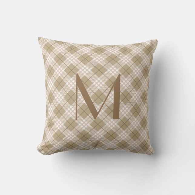 Monogram Brown Tan Beige Tartan Buffalo Kariert Kissen (Vorderseite)