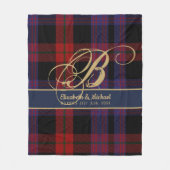 Monogram BROWN Tartan Blue Red Newlyweds Wedding Fleecedecke (Vorderseite)