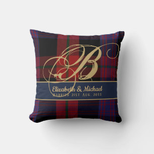 Monogram BROWN Tartan Blue Red Newlyweds Wedding Kissen
