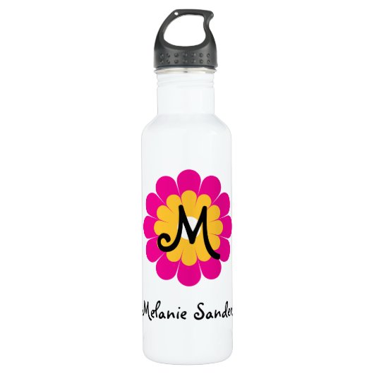 Monogram-Buchstabenname Mod Rosa-gelbe Blume Trinkflasche (Vorderseite)