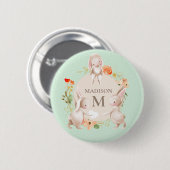 Monogram Bunny Rabbits Floral Girl Personalisiert Button (Vorne & Hinten)