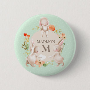 Monogram Bunny Rabbits Floral Girl Personalisiert Button
