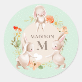 Monogram Bunny Rabbits Floral Girl Personalisiert Runder Aufkleber