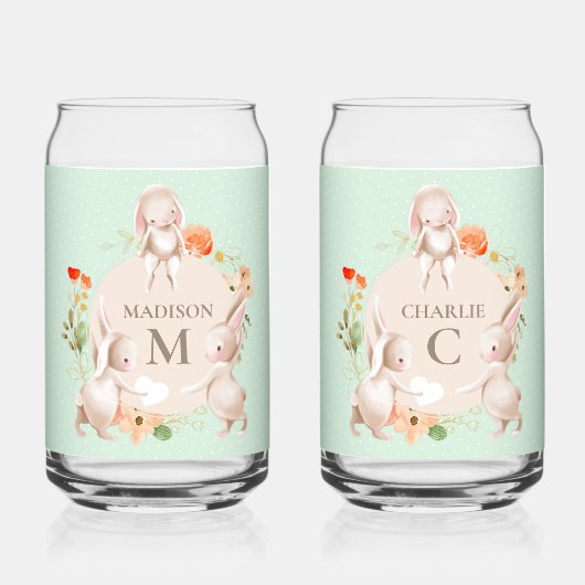 Monogram Bunny Rabbits Floral Oaster Personalisier Dosenglas (Vorderseite)
