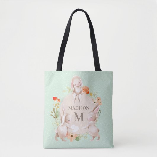 Monogram Bunny Rabbits Floral Oaster Personalisier Tasche (Vorderseite)