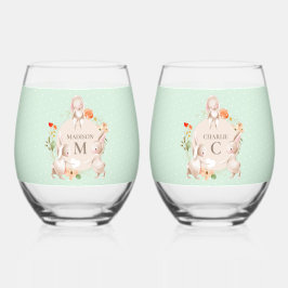 Monogram Bunny Rabbits Floral Oaster Personalisier Weinglas Ohne Stiel