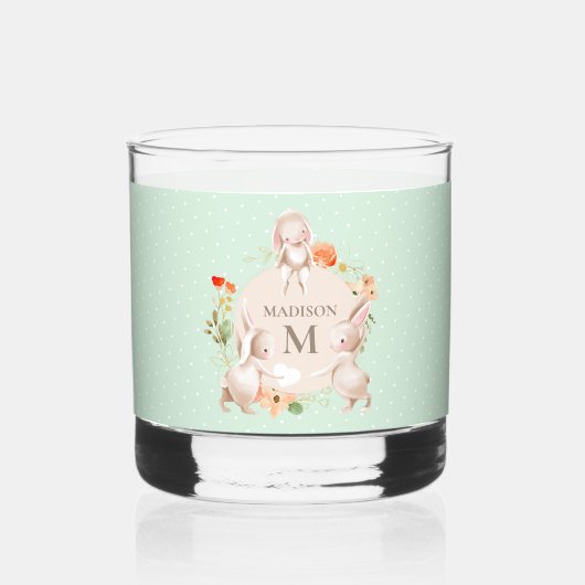 Monogram Bunny Rabbits Floral Oaster Personalisier Whiskyglas (Vorderseite)