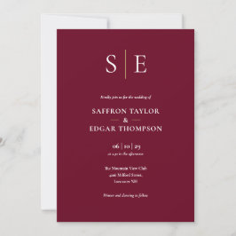 Monogram Burgundy and Gold QR Code Wedding Einladung