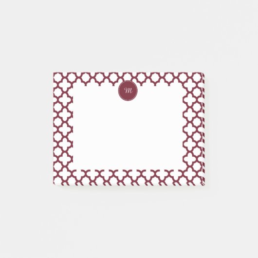 Monogram Burgundy and White Quatrefoil Pattern Post-it Klebezettel (Vorderseite)