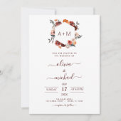 Monogram Burgundy Blumengrün Wedding Invitati Einladung (Vorderseite)