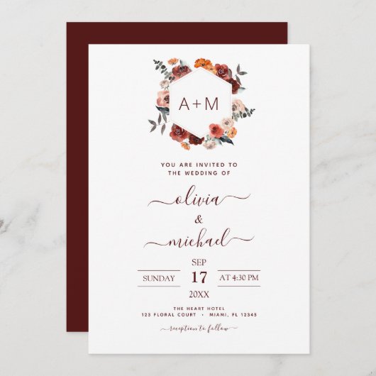 Monogram Burgundy Blumengrün Wedding Invitati Einladung (Vorne/Hinten)