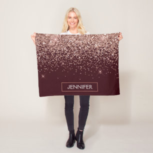 Monogram Burgundy Blush Pink Rose Gold Glitzer Fleecedecke