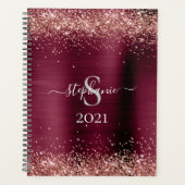 Monogram Burgundy Brown Imitats-Glitzer Girly Glam Planer (Vorderseite)