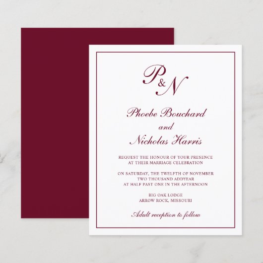 Monogram Burgundy Budget Hochzeit Einladung (Vorne/Hinten)