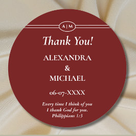 Monogram Burgundy Christian Wedding Thank You Runder Aufkleber