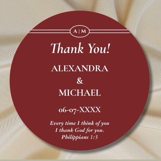 Monogram Burgundy Christian Wedding Thank You Runder Aufkleber