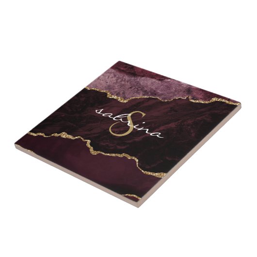 Monogram Burgundy Gold Agate Geode Fliese (Seite)