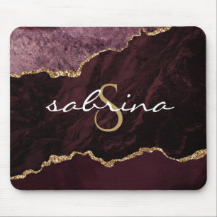 Monogram Burgundy Gold Agate Geode Mousepad