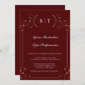 Monogram Burgundy Gold Blätter Wedding Einladung (Vorne/Hinten)