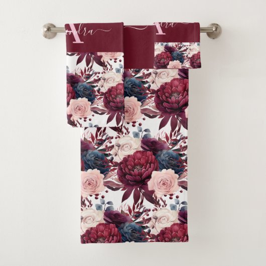 Monogram Burgundy & Pink Floral Elegant Towel Set (Insitu)