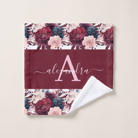 Monogram Burgundy & Pink Floral Elegant Towel Set (Waschlappen)