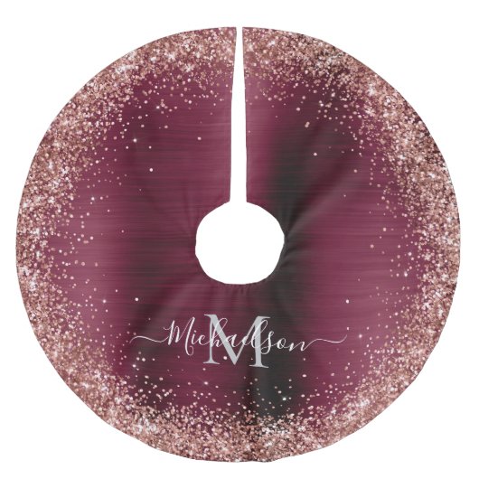Monogram Burgundy Rose Gold Imitats-Glitzer Girly Polyester Weihnachtsbaumdecke (Vorderseite)