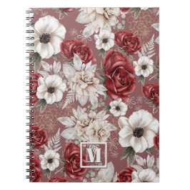 Monogram Burgundy Rose Rosa Blumenmuster Notizblock