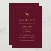 Monogram Burgundy Simple Elegant Moderne Hochzeit Save The Date (Vorne/Hinten)