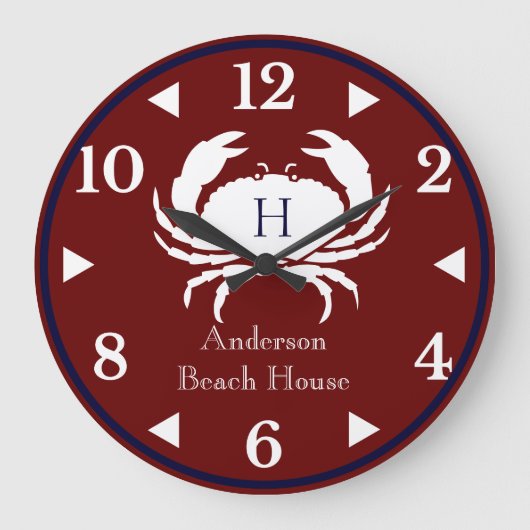 Monogram Burgundy White Navy Blue Crab Nautic Große Wanduhr (Vorderseite)