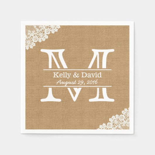 Monogram Burlap & Lace Rustic Wedding Serviette (Vorderseite)