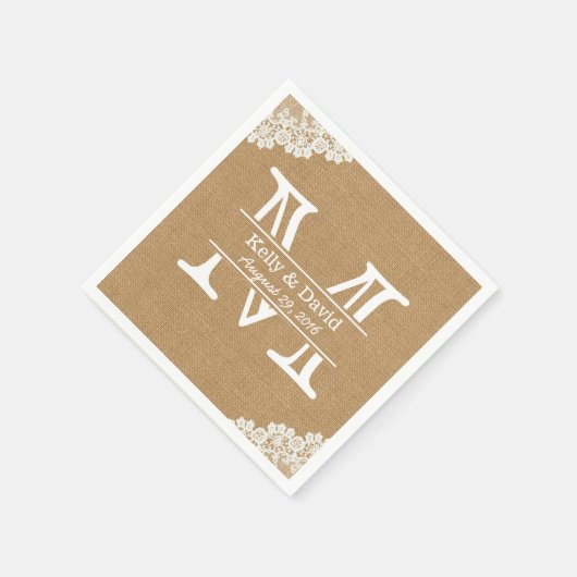 Monogram Burlap & Lace Rustic Wedding Serviette (Ecke)