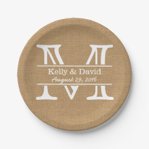 Monogram Burlap Texture Rustic Wedding Pappteller