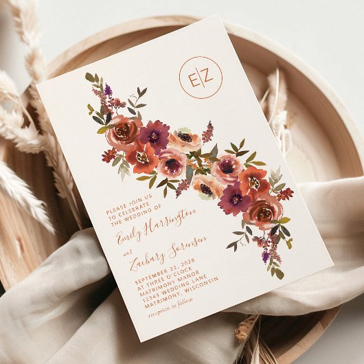 Monogram Burnt Orange Lila Floral Wedding Einladung