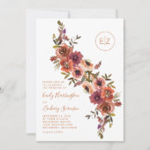 Monogram Burnt Orange Lila Floral Wedding Einladung (Vorderseite)