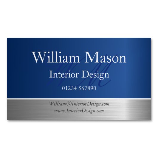 Monogram Business Card Blue Foil and Steel Effect Magnetische Visitenkarte (Vorderseite)